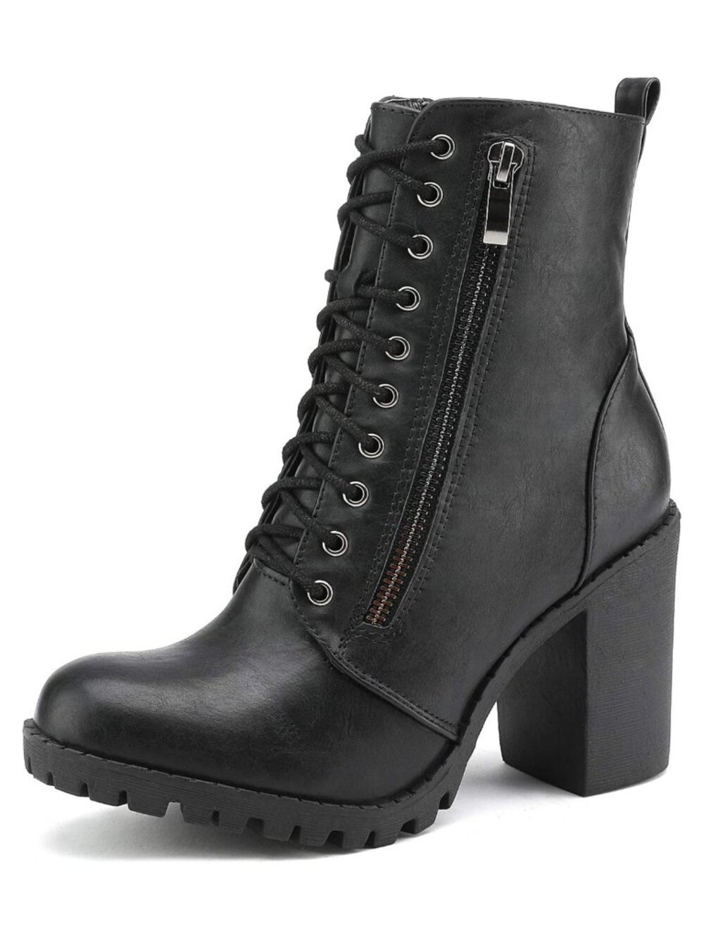 Faux Leather Ankle Booties Chunky Heel Lace Up Side Zip Wallet Pocket
